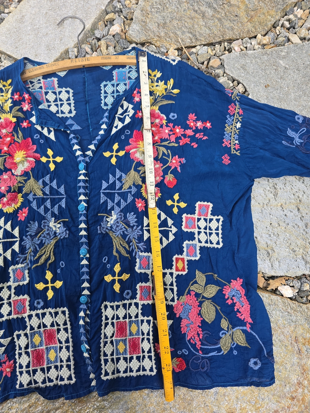 Embroidered Navy Floral Button-Front Women’s Top - Picture 8 of 9